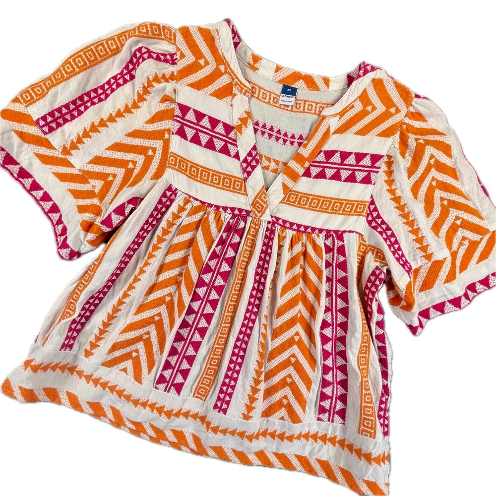 Old Navy Jacquard Pink Orange Chevron XS Cotton Blend Boho Tribal Festival Top